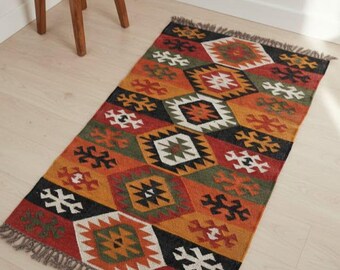 Handwoven Wool Jute Kilim Rug: Bohemian Earth Tones, Custom Size