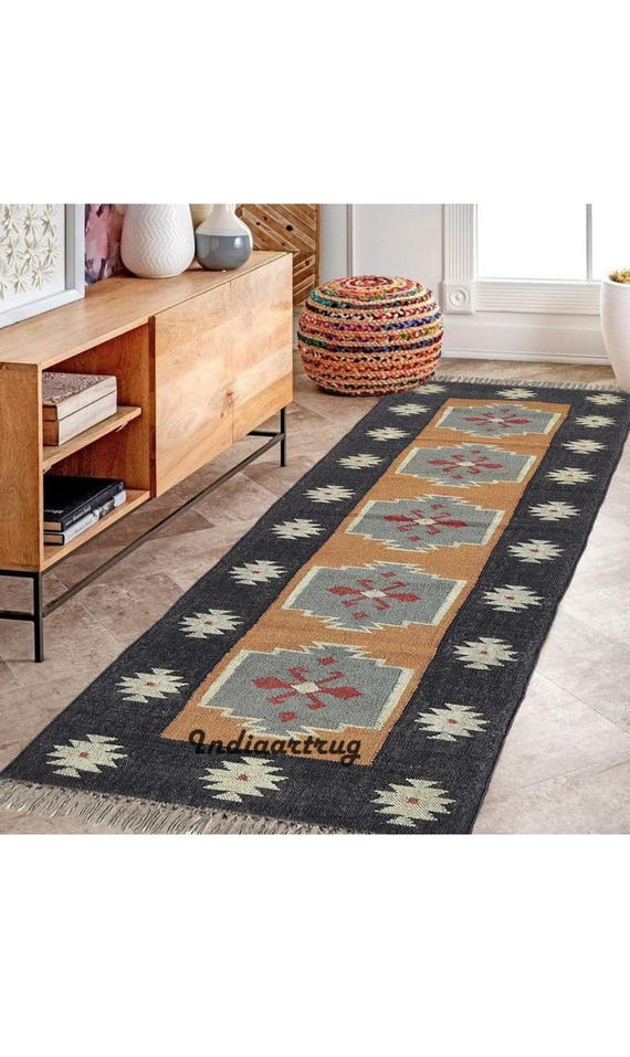 Kilim runner Handwoven Wool Jute Rug Handmade Kilim Dhurrie Rug, Motifs Oriental Traditional Indian Geometric Turkish Home decor