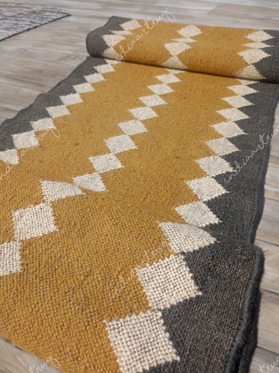 Wool Jute Kilim Runner Rug: Handwoven Bohemian Hallway Stair Decor