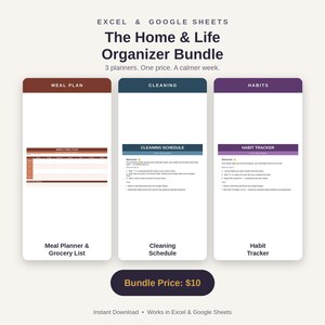 May include: A digital Home & Life Organizer Bundle for Excel and Google Sheets featuring three planners: a brown Meal Planner & Grocery List, a blue Cleaning Schedule, and a purple Habit Tracker, with text headers and a bundle price of $10.