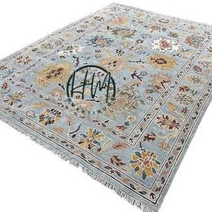 Blue Oushak Rug – Hand Knotted Wool Carpet with Soft Floral Accents | Turkish Style Oriental Area Rug | Large Living Room Rug 4x6 6x9 8x10