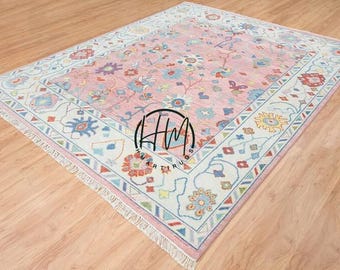 Handmade Wool Oushak Rug 8x10 | Pink Floral Turkish Carpet