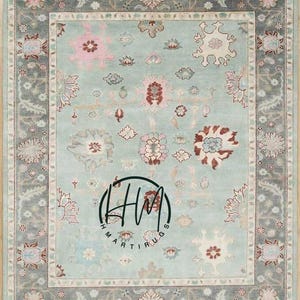 Light Blue Oushak Rug | Modern Hand Knotted Wool Carpet | Turkish Antique Style Area Rug 4x6 5x8 6x9 8x10 9x12 10x14ft, Handmade Living Room