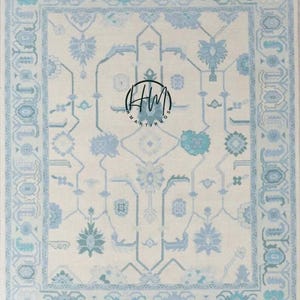 Handmade Wool Oushak Rug 9x12 | Ivory & Blue Turkish Carpet