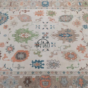 Handmade Oushak Wool Rug 9x12 | Ivory Multicolor Turkish Carpet