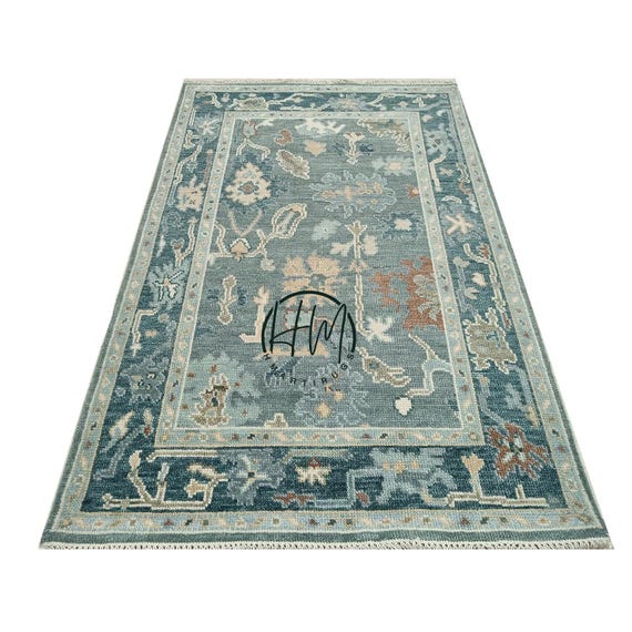 Handmade Wool Oushak Rug | Blue Green Floral Turkish Carpet