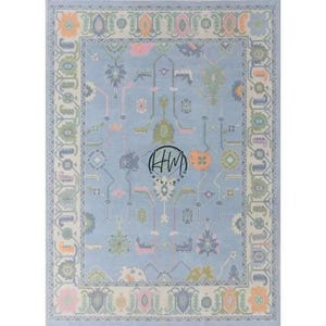 Blue Oushak Rug 9x12 | Handmade Wool Turkish Oriental Area Rug | Large Vintage Style Carpet | Living Room Farmhouse Boho Home Decor