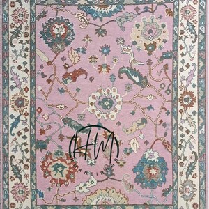 Hand Knotted Wool Oushak Rug | Pink Turkish Carpet, Vintage Style