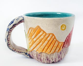 Mountain Mug - Handmade, hand-carved, stoneware, handpainted underglazes with clear glaze. One of a kind, functional art piece.