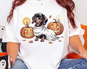 Dachshund Ghost Halloween Comfort Colors T-Shirt | Cute Dog Lover Graphic Tee with Pumpkins | Spooky Season Pet Lover Fall Shirt Gift