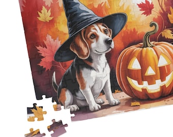 Beagle Halloween Puzzle | Cute Dog Jigsaw with Witch Hat and Pumpkin | Autumn Leaves Fall Decor | Pet Lover Gift and Spooky Season Game