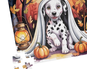 Dalmatian Halloween Puzzle: Dog Ghost Costume, Pumpkins & Lanterns