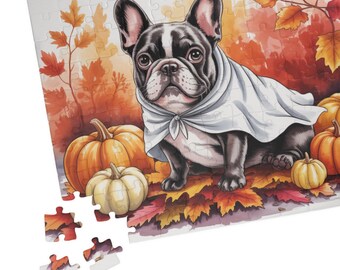 French Bulldog Ghost Halloween Puzzle: Spooky Jigsaw, Autumn Leaves