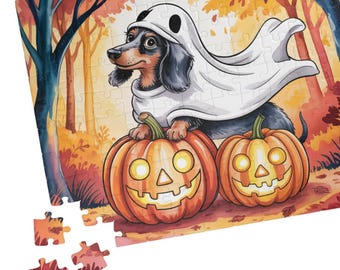 Dachshund Ghost Halloween Puzzle: Autumn Forest Jigsaw Puzzle