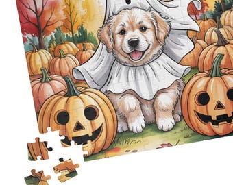 Golden Retriever Ghost Puzzle: Halloween Dog Jigsaw, Autumn Scene