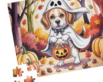Beagle Ghost Halloween Puzzle | Cute Dog Jigsaw with Pumpkins | Candy and Autumn Forest | Spooky Season Pet Lover Gift, Family Game Fun