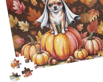 Chihuahua Halloween Puzzle | Cute Dog Ghost Costume Jigsaw with Pumpkins and Autumn Leaves | Spooky Season Pet Lover Gift and Family Game