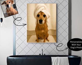 Custom Dog Bathroom Canvas - Choose Your Design - Towel Head, Bubble Bath, Spa, Brushing Teeth - Personalized Pet Art - Funny Bathroom Decor