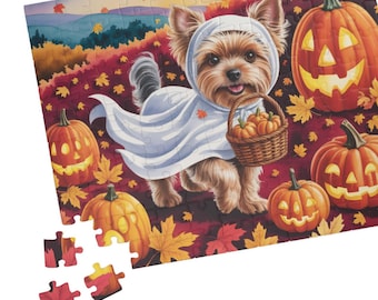 Yorkie Halloween Puzzle | Cute Yorkshire Terrier Dog Ghost Costume Jigsaw with Pumpkins & Fall Leaves | Spooky Season Pet Lover Family Game