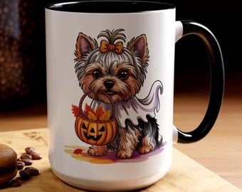 Halloween Yorkie Puppy Coffee Mug: Ghost Costume, Jack-o'-Lantern - Dog Lover Gift