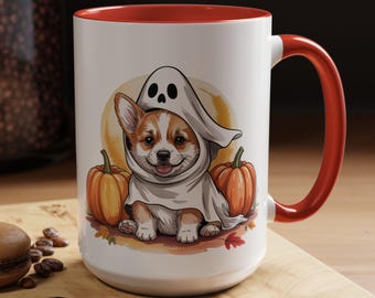 Halloween Corgi Puppy Mug: Ghost Costume, Pumpkins, Fall Dog Lover Gift