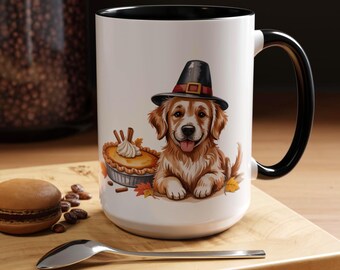 Thanksgiving Golden Retriever Mug: Pilgrim Hat, Pumpkin Pie - Fall Accent Cup
