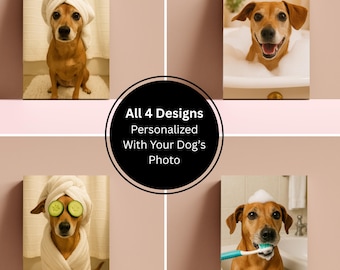 Custom Dog Bathroom Art Canvas Bundle - All 4 Designs - Personalized Pet Portrait Set - Funny Spa Bathroom Decor - Ready-to-Hang Wall Art