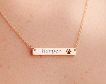 Personalized Pet Name Necklace - Custom Engraved Bar Necklace with Paw Cutout, Stainless Steel Jewelry Gift for Dog Moms & Pet Lovers