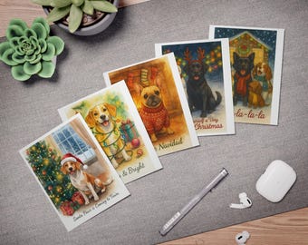 Christmas Dogs Greeting Card Set - Cute Holiday Dog Cards, Merry & Bright Greeting Cards, Festive Pet Lover Christmas Gift, Set of 5-Pack
