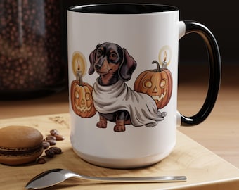 Dachshund Ghost Halloween Mug | Cute Wiener Dog Coffee Cup | Pumpkin Fall Dog Lover Gift | Spooky Season Mug | 11oz 15oz Accent Cup