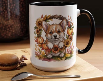 Fall Corgi Coffee Mug: Autumn Dog Lover Gift with Pink Accent