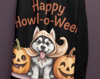 Happy Howl-o-Ween Husky Sherpa Fleece Blanket | Cute Halloween Dog Throw with Pumpkins | Cozy Fall Blanket for Dog Lovers & Home Décor