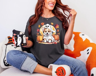 Ghost Corgi Halloween T-Shirt: Comfort Colors Fall Tee