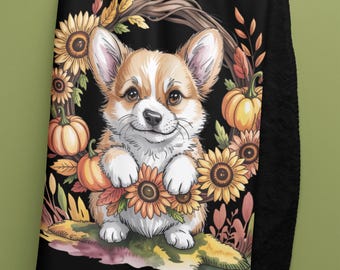Corgi Puppy Sherpa Fleece Blanket: Cozy Fall Dog Throw with Pumpkins