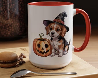Halloween Puppy Coffee Mug | Cute Dog with Witch Hat & Jack-o’-Lantern | Fall Accent Cup | Dog Lover Gift for Spooky Season | 11oz 15oz