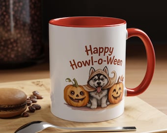 Happy Howl-o-Ween Husky Mug | Cute Dog Halloween Coffee Cup | Pumpkin Fall Dog Lover Gift | Spooky Season Mug | 11oz 15oz Accent Cup