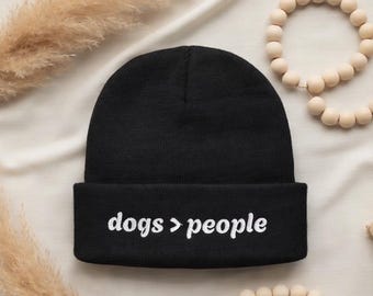 Embroidered Dog Lover Beanie | Dogs Over People Beanie | Dog Mom Dog Dad Hat | Minimal Paw Dog Lover Winter Beanie
