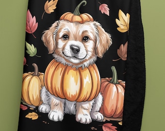 Golden Retriever Puppy Pumpkin Sherpa Fleece Blanket: Cozy Fall Decor