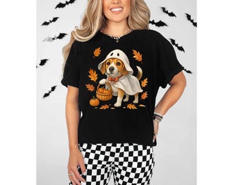 Beagle Ghost Halloween Comfort Colors T-Shirt | Cute Dog Lover Graphic Tee with Pumpkins & Leaves | Spooky Season Pet Lover Fall Shirt Gift