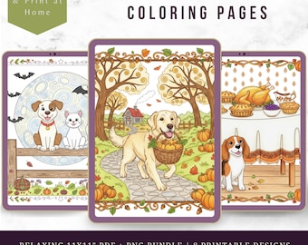Fall Dog Coloring Pages: Autumn, Halloween & Thanksgiving (PDF + PNG)