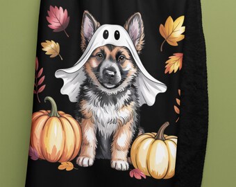 German Shepherd Ghost Puppy Sherpa Fleece Blanket: Halloween Dog Throw