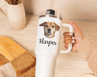 Personalized Dog Tumbler 40oz - Custom Pet Portrait Travel Mug with Handle - Stainless Steel Insulated Cup - Gift for Dog Moms & Dads