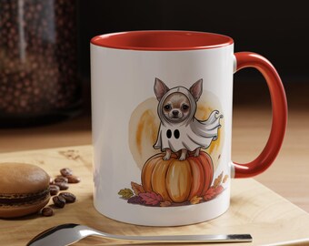 Halloween Chihuahua Puppy Coffee Mug: Ghost Costume, Pink Accent - Fall Dog Lover Gift