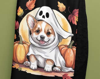 Corgi Ghost Sherpa Fleece Blanket: Halloween Dog Throw, Spooky Season