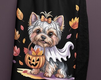 Yorkie Ghost Sherpa Fleece Blanket: Halloween Dog Throw, Pumpkin & Fall Leaves