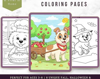Dog-Themed Fall Coloring Pages: Halloween & Thanksgiving Activity (Digital Download)