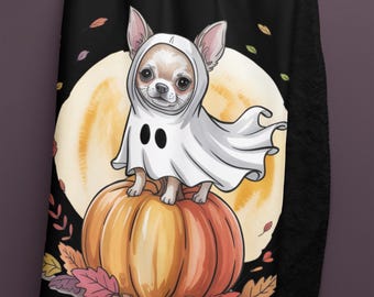 Chihuahua Ghost Sherpa Fleece Blanket: Halloween Dog Throw, Cozy Fall Decor