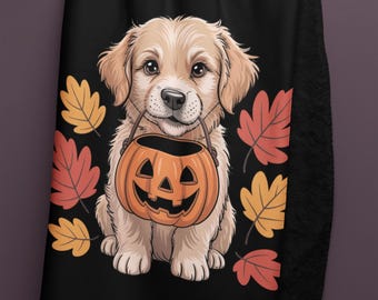 Golden Retriever Puppy Halloween Sherpa Fleece Blanket: Cozy Fall Decor