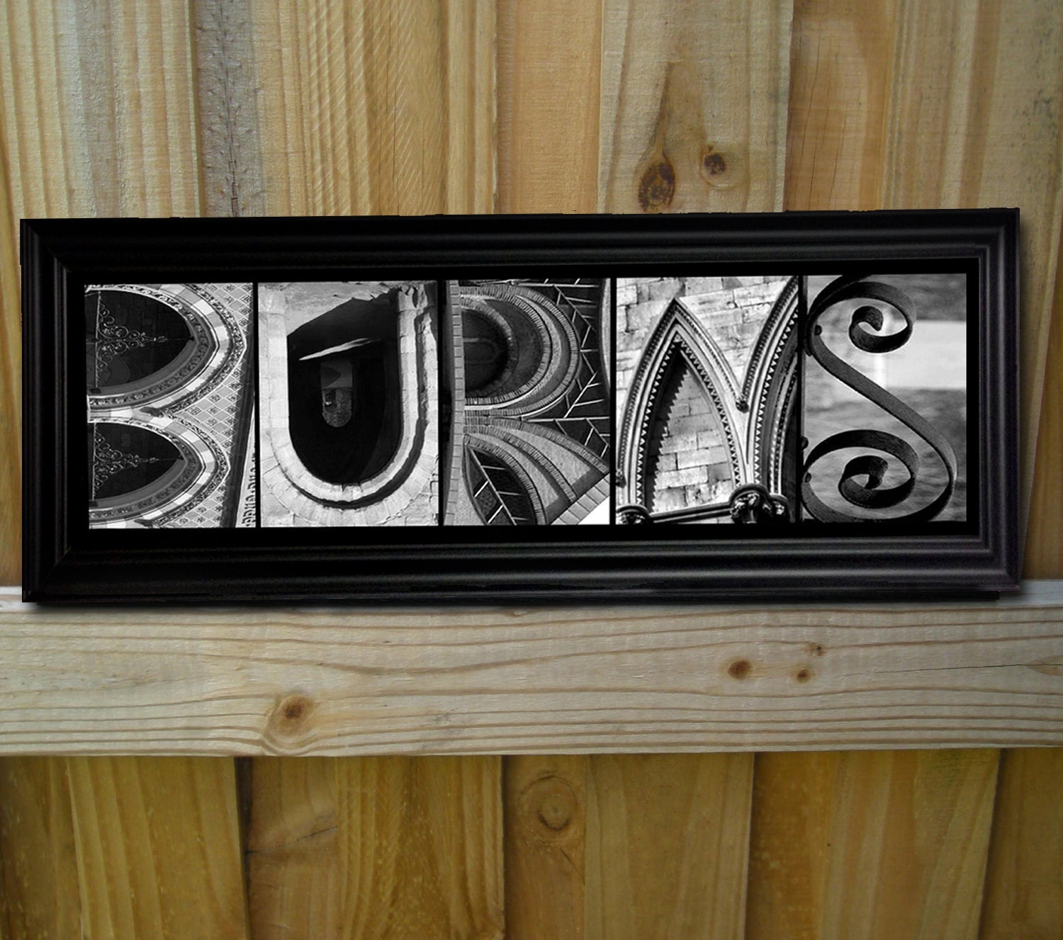 your name or words in architecture FRAMED personalized art print, photo letters, alphabet  6 x17