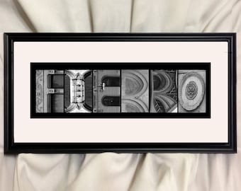 your name or words in architecture FRAMED 10&quot; x 20&quot; personalized art print photo letters, alphabet